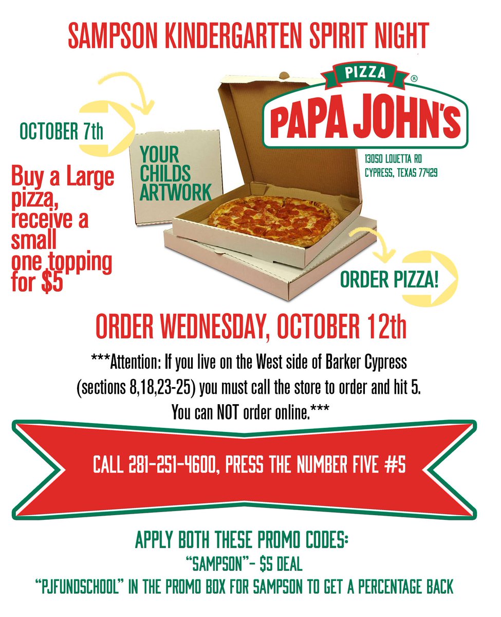 ATTENTION: KINDER PARENTS!  Pizza boxes will go home today.  Please have them decorate their pizza box and bring back to Sampson on Mon.  SPIRIT NIGHT is Wed, Oct 12th.  Anyone can purchase pizza &amp; a percent of the sales go to Sampson.  #SampsonStrong #papajohnspizza #SpiritNight