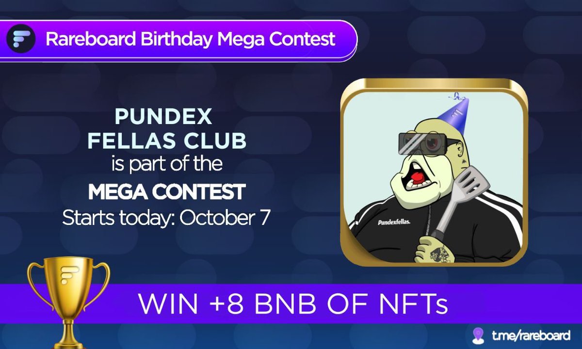 Hello everyone, It’s <a href="/Rareboard/">Rareboard</a> Birthday Mega Mint Contest 🎂

Follow the contest on t.me/rareboard

Mint a Pundex at : rareboard.com/pundexfellascl…

Win 8+ #BNB worth - $2275 - BNBCHAIN #NFTs by being the Last Buyer/Minter in 30 mins wins ALL 

Good luck PNDX 🤩