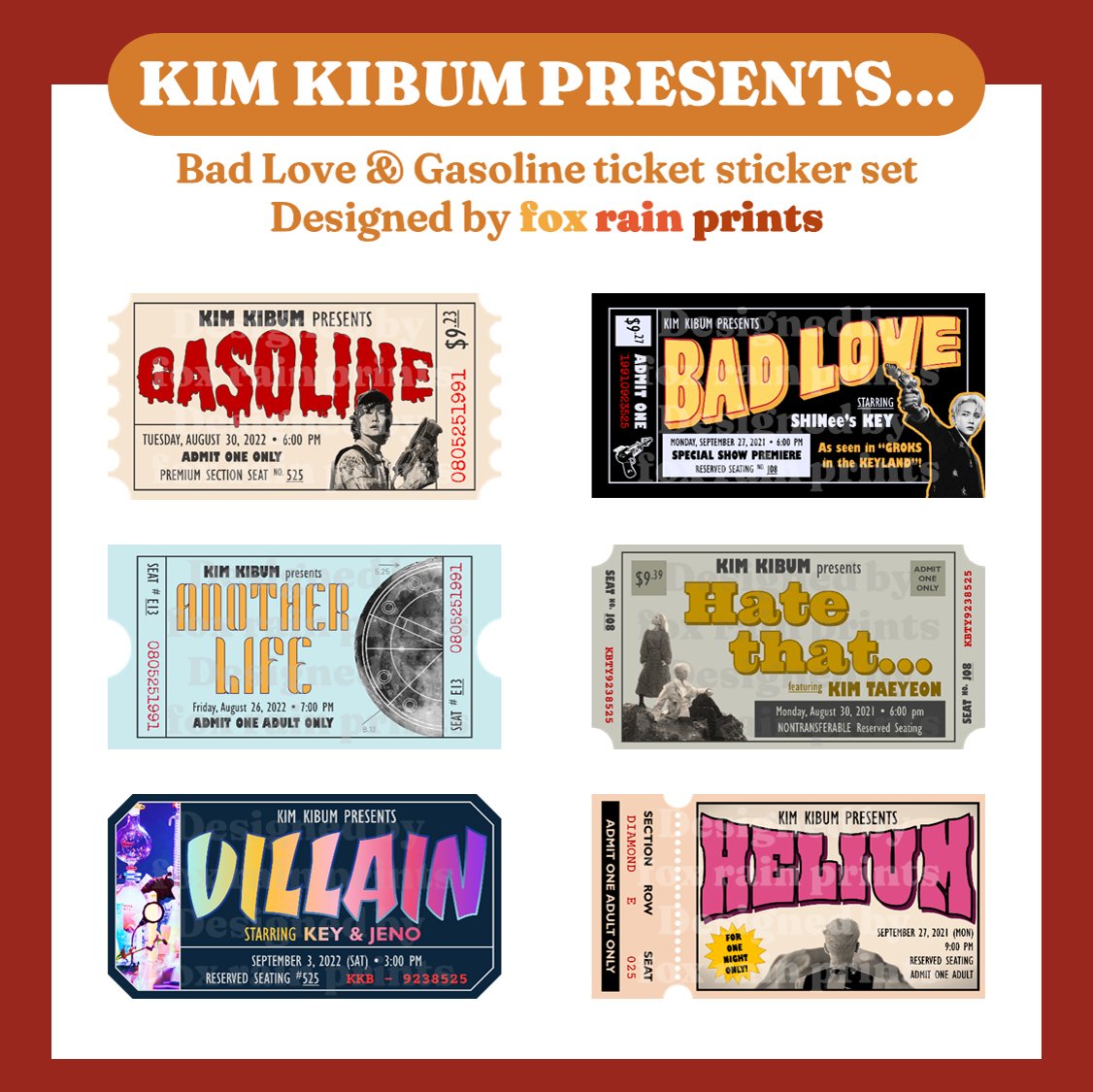 foxrainprints's tweet photo. WTS LFB PH ONLY

📢 #foxrainprints_coll 1.1 

“Kim Kibum presents...”: BAD LOVE &amp; GASOLINE TICKET STICKERS 

🎟️ PHP 110 (set of 6) 
🎟️ Waterproof vinyl w/ glitter finish
🎟️ 2.7 in. x 1.3 in.
🎟️ More info in thread ⬇️

🛒 Pre-order now! https://t.co/cQLGjJLoPO https://t.co/IBziRmgfOf