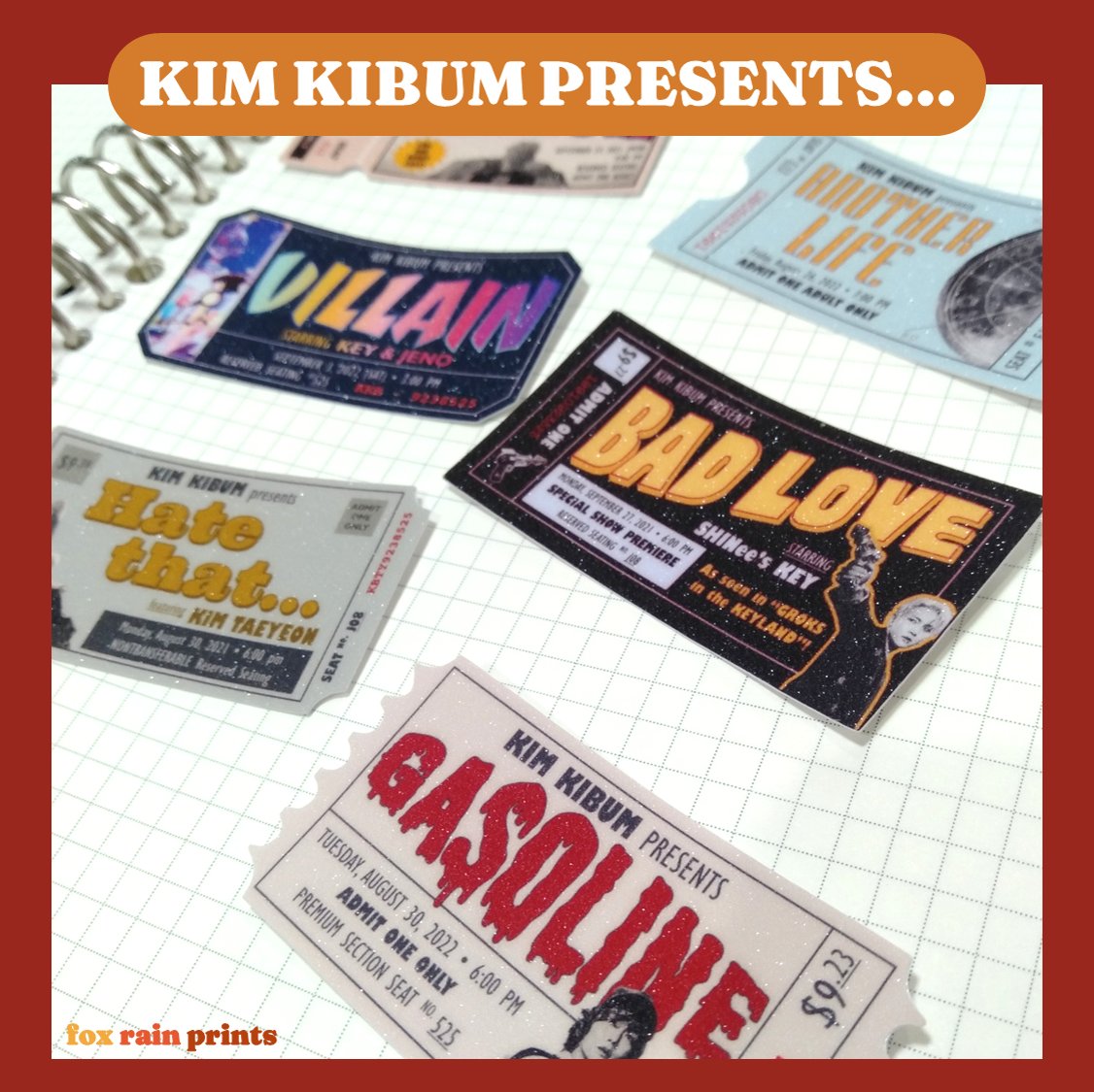 foxrainprints's tweet photo. WTS LFB PH ONLY

📢 #foxrainprints_coll 1.1 

“Kim Kibum presents...”: BAD LOVE &amp; GASOLINE TICKET STICKERS 

🎟️ PHP 110 (set of 6) 
🎟️ Waterproof vinyl w/ glitter finish
🎟️ 2.7 in. x 1.3 in.
🎟️ More info in thread ⬇️

🛒 Pre-order now! https://t.co/cQLGjJLoPO https://t.co/IBziRmgfOf