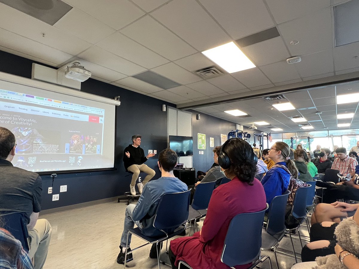 TechValleyHigh's tweet photo. Thrilled to welcome @DylanTelano, CEO of @Voyce_Me  to our all school meeting. Dylan matches many of our students’ passions in the area of entrepreneurship and creative content creating #iterm https://t.co/OXlVy23s7N