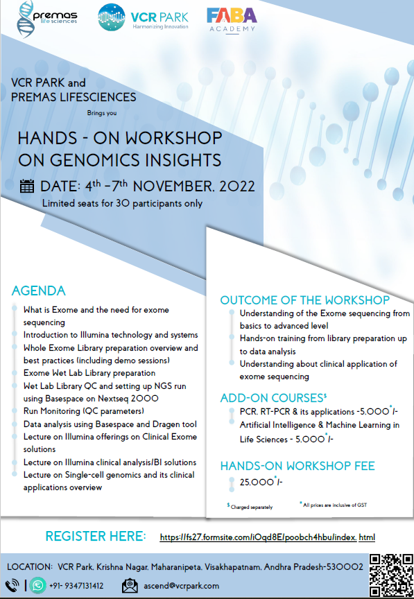 VCR Park (@vcrpark) on Twitter photo VCR Park is organizing a NGS (Exome Seq) #handson #workshop on #Genomics Insights (Registration Link: fs27.formsite.com/iOqd8E/poobch4… ) under the ASCEND Executive Graduate Program, in association with <a href="/PremasLifeSc/">Premas Life Sciences</a> and @Biofaba3, during Nov 4-7th, 2022. #biotech #pathologists #NGS #PCR VCR Park is organizing a NGS (Exome Seq) #handson #workshop on #Genomics Insights (Registration Link: fs27.formsite.com/iOqd8E/poobch4… ) under the ASCEND Executive Graduate Program, in association with <a href="/PremasLifeSc/">Premas Life Sciences</a> and @Biofaba3, during Nov 4-7th, 2022. #biotech #pathologists #NGS #PCR
