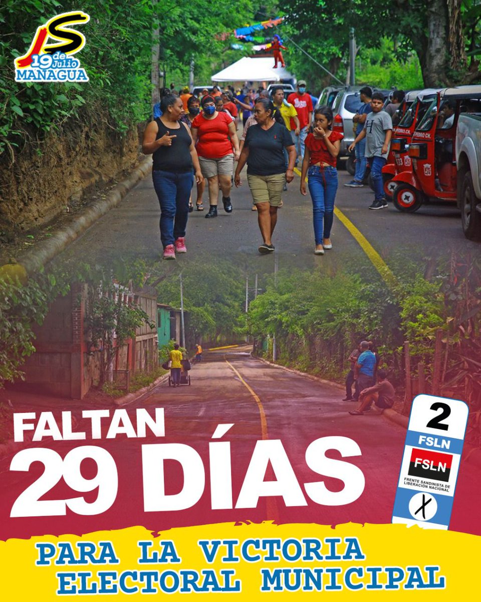 A tan solo 29 días del gran día en qué vamos a demostrar, que en Nicaragua amamos la paz, democracia y que querémos progreso y bienestar para tod@s, por eso vamos en la ✌️ con el Frente.  #2022PuebloVictorioso 
#2022EsperanzasVictoriosas