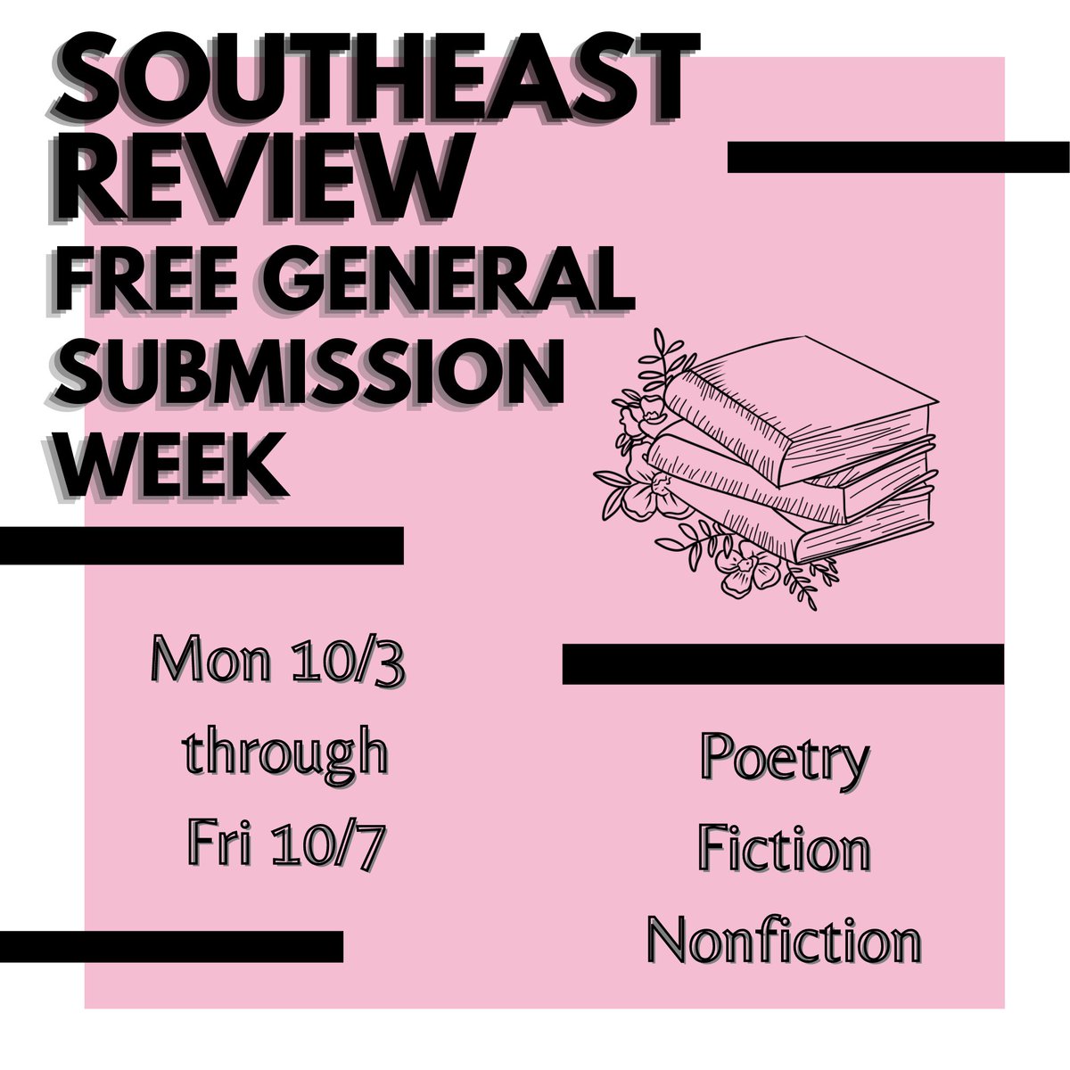 SoutheastReview's tweet photo. It's our last day of free general submissions! By 11:59 pm tonight, send in your poetry, fiction, and nonfiction without the $3 contributor's fee!

Submit here: https://t.co/Q3iVmNaQip https://t.co/QVKiHJIQsc