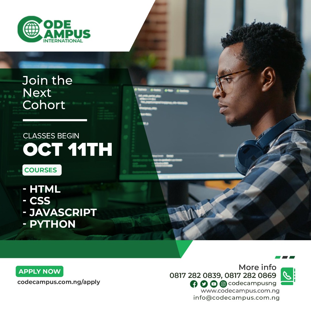codecampusng's tweet image. Learn with a global standard syllabus, world-class instructors and revolutionary methods. We also offer the most guaranteed path to a satisfying job in the tech industry
Apply now at codecampus.com.ng
Call 0817 282 0839 or 0817 282 0869 
#codingbootcamp #tech #programmng