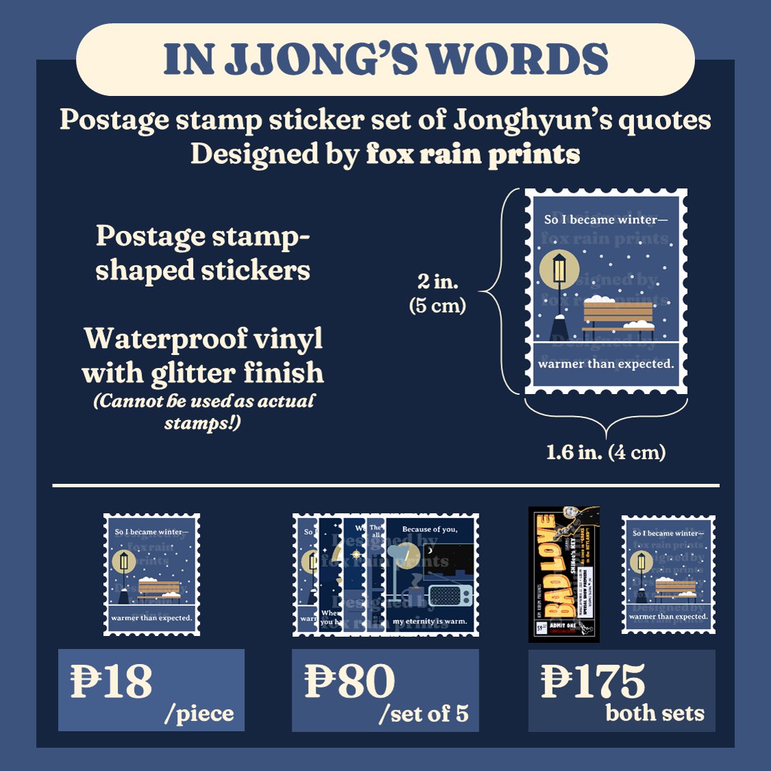 foxrainprints's tweet photo. POSTAGE STAMP STICKERS of Jonghyun quotes

💌 Available per piece (PHP 18)
💌 Order with Key ticket stickers and get PHP 15 off!

🛒 Pre-order now! https://t.co/cQLGjJLoPO 
🌐 Check out our Carrd for more details: https://t.co/QMgP315eBd https://t.co/kooKjNLD4C