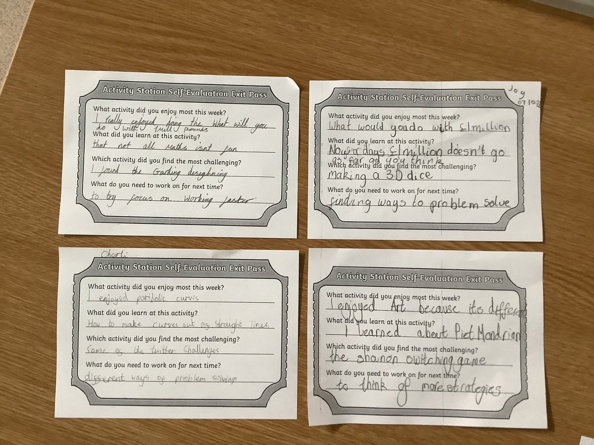 DeanburnPS_P3's tweet photo. Our self evaluation exit passes from our @mathsweekscot activities! Which activities did we enjoy the most? Which activities were most challenging? And what did we learn? What are our next steps? #MathsWeekScot #SDLW22 #numeracy #fun #games #learning #selfevaluation #exitpass https://t.co/j14DucqHEJ