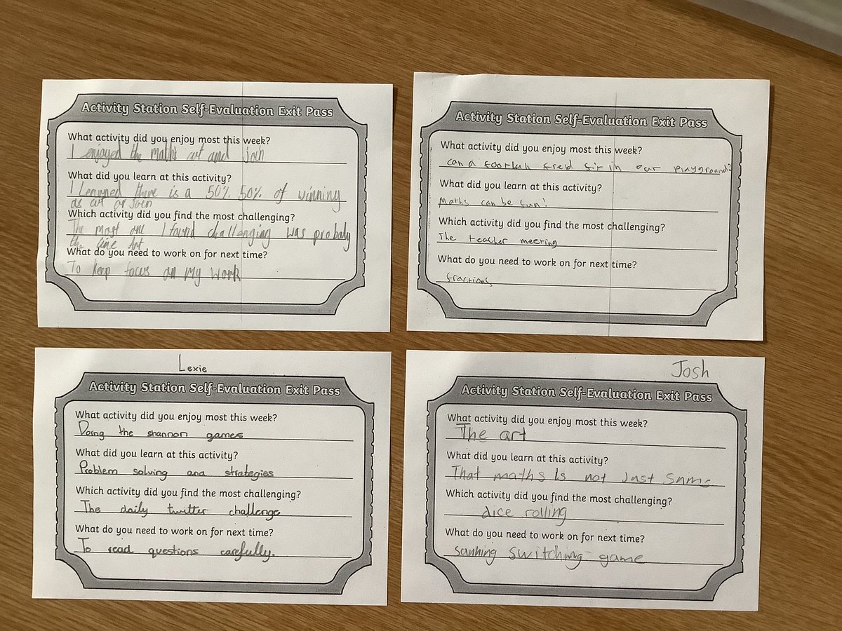 DeanburnPS_P3's tweet photo. Our self evaluation exit passes from our @mathsweekscot activities! Which activities did we enjoy the most? Which activities were most challenging? And what did we learn? What are our next steps? #MathsWeekScot #SDLW22 #numeracy #fun #games #learning #selfevaluation #exitpass https://t.co/j14DucqHEJ