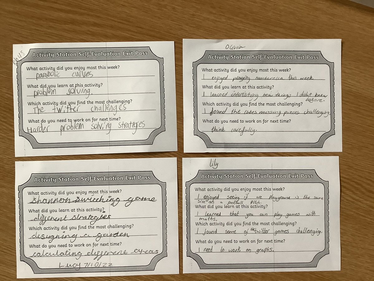 DeanburnPS_P3's tweet photo. Our self evaluation exit passes from our @mathsweekscot activities! Which activities did we enjoy the most? Which activities were most challenging? And what did we learn? What are our next steps? #MathsWeekScot #SDLW22 #numeracy #fun #games #learning #selfevaluation #exitpass https://t.co/j14DucqHEJ