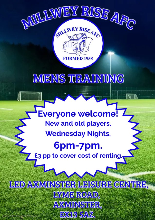 MillweyRiseAFC's tweet photo. Millwey Rise AFC mens football training has now move to the 3G at Axe Valley School 6pm-7pm on Wednesday evenings.
All old and new players are welcome just come along.
There is a £3 charge to cover the renting of the facilities. https://t.co/4XREEC8i1h