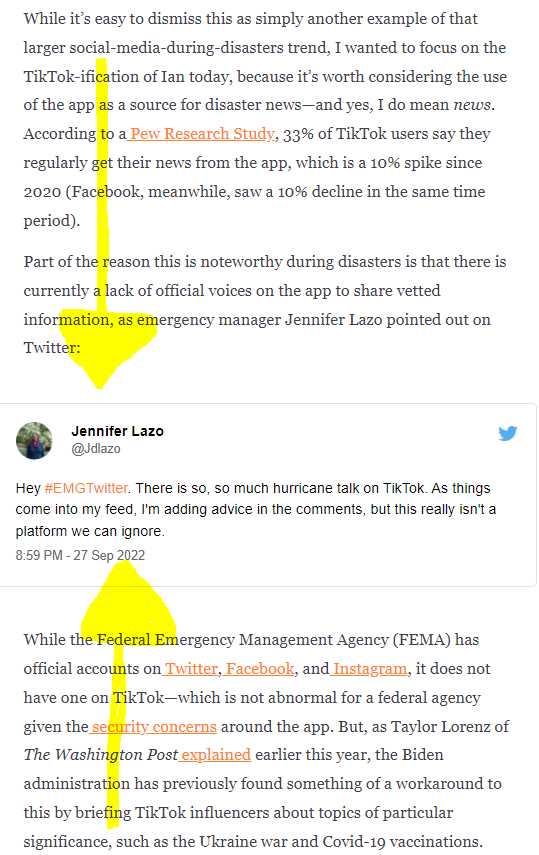 u62's tweet photo. It was seeing @JDLazo quoted in @colleenhagerty's MY WORLD'S ON FIRE newsletter on "The TikTok of Hurricane Ian" which got me to *finally* become a paying subscriber. Thank you both for what you do!! https://t.co/dTCjKzqiCd https://t.co/yM1n6p50Tn