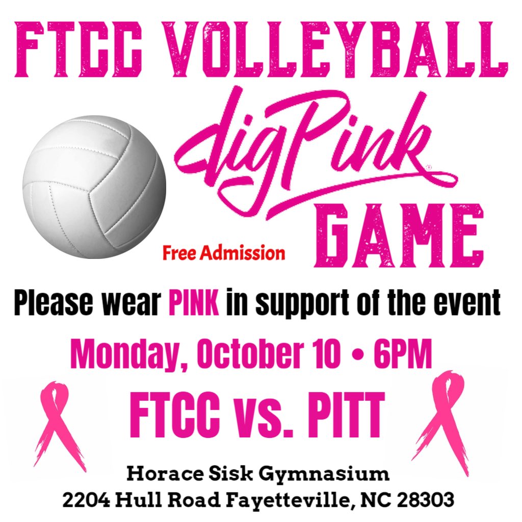 ftccathletics's tweet photo. Help us fill the stands with PINK Monday night to support volleyball’s Dig Pink game against Pitt Community College🎀💕 https://t.co/DcesSWNKmJ