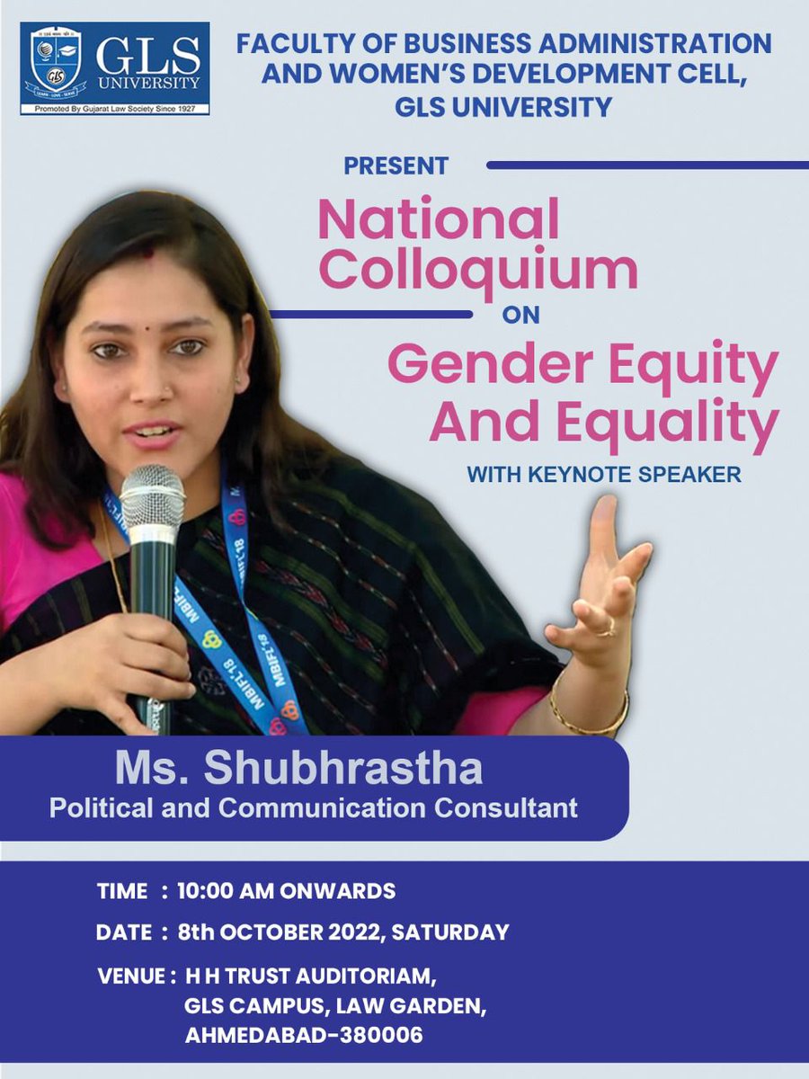 fbaglsbba's tweet photo. "It is critical that we recognise and celebrate our heroes and she-roes"  

GLS University's Faculty of Business Administration presents a National Colloquium on Gender Equity and Equality, featuring eminent key note speaker Ms. Shubhrastha.

@Shubhrastha 

#gender #Equality https://t.co/oLdkqrnxFA