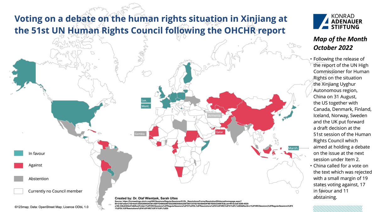 Our new #mapofthemonth focuses on #HRC51 . While a resolution to hold a debate on the #Xinjiang report at the next session was narrowly rejected, for the 1st time in its history the #HRC established a monitoring  mandate for a P5 state (Russia). More 👇 kas.de/en/web/multila…