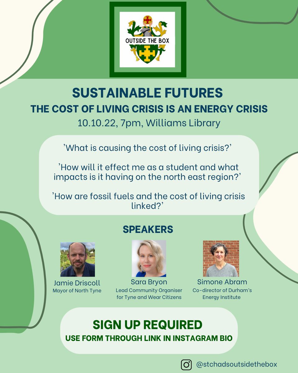 CSCPemberton's tweet photo. Monday 10th October 7:00pm in @StChadsDurham 'The Cost of Living Crisis is an Energy Crisis' with @MayorJD, @MScEnSoc and @SaraBryson1. https://t.co/3dvitkxtHY