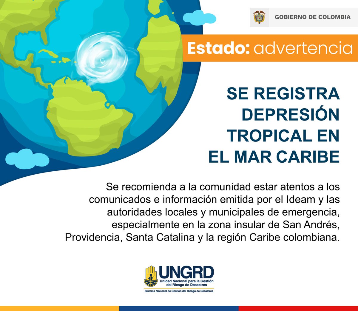 UNGRD's tweet photo. De acuerdo al pronóstico de @IDEAMColombia depresión tropical en tránsito por el Caribe, podría convertirse en tormenta tropical en próximas horas, y posteriormente fortalecerse hasta convertirse en huracán a su llegada a islas de San Andrés y Providencia el sábado en la noche. https://t.co/jUPidgfeV9