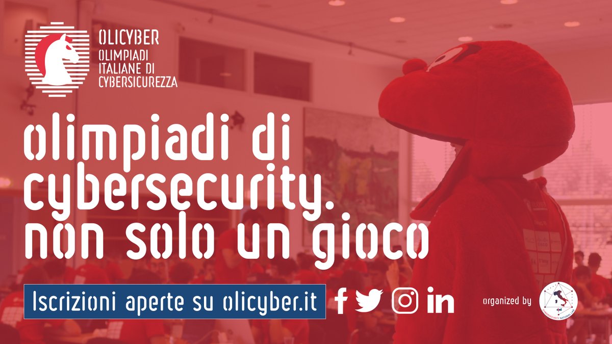 OliCyberIT's tweet photo. 👾 Aperte le iscrizioni alla nuova edizione di OliCyber organizzate da @CyberSecNatLab. Olimpiadi di Cybersecurity. Non solo un gioco. 

👉 https://t.co/VGIqgxzeGy

🗓️ Scadenza: 15 dic 2022

#olicyber #OCIT22 #CyberSecurity https://t.co/5zGV6jMd9j