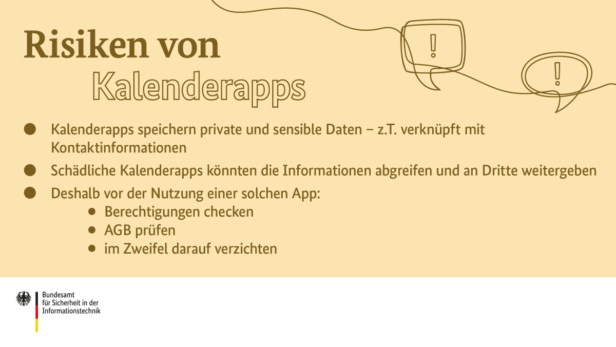 BSI_Bund's tweet photo. Kalenderapps speichern wichtige und vor allem persönliche Termine - und damit Daten, die unbedingt geschützt werden sollten! 🛡 Doch sind solche Apps überhaupt sicher? Noch mehr Tipps zu Apps bekommt ihr hier: ➡https://t.co/Wxg6LQDegM
#DeutschlandDigitalSicherBSI https://t.co/vJukXNtZPS