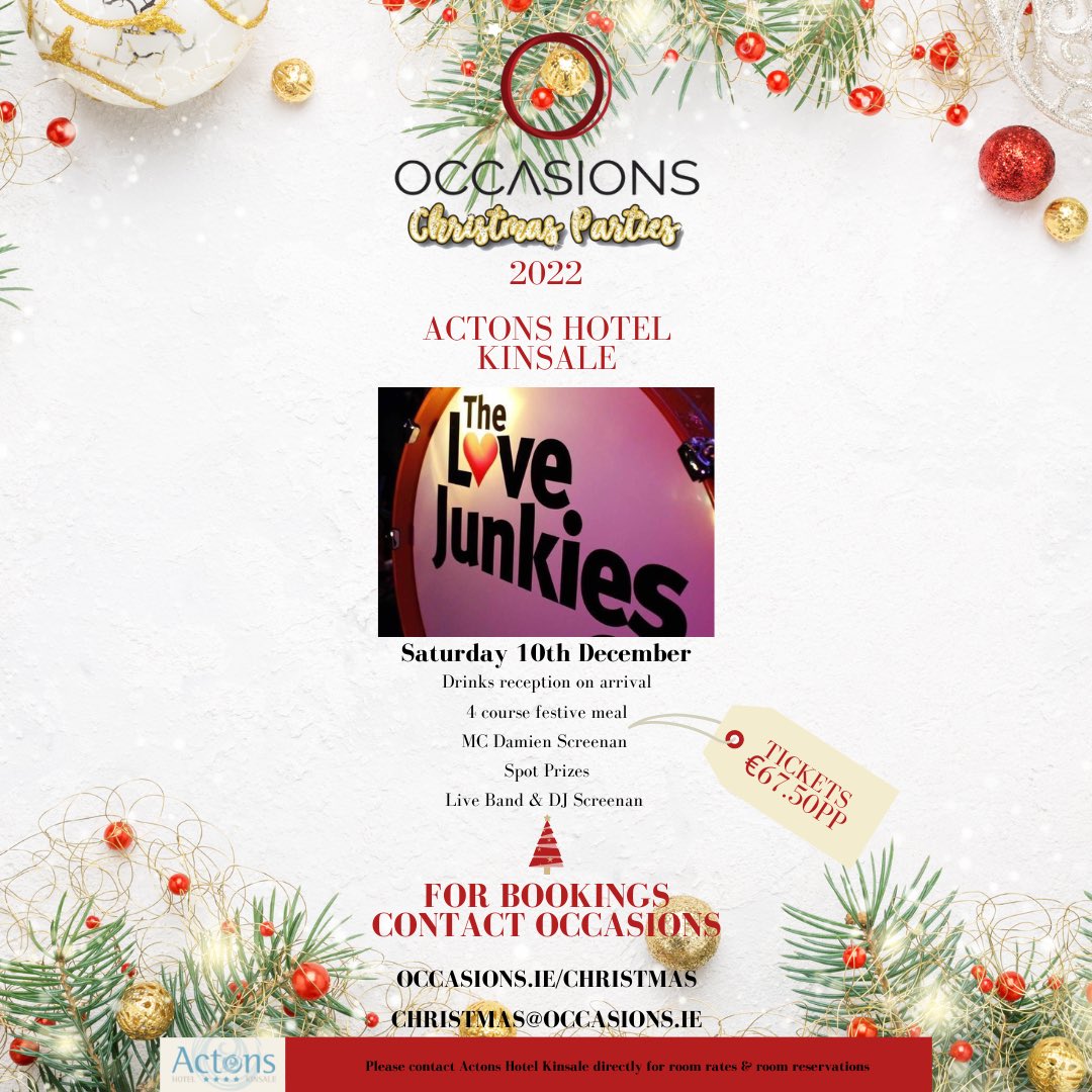 🎄Christmas in Kinsale 🎄

We love putting on our Christmas parties in <a href="/ActonsK/">Actons Hotel Kinsale</a>! This year we have The Love Junkies rocking the night away! 

For bookings email christmas@occasions.ie occasions.ie/Christmas 

#occasionsxmas #christmasparties #cork #kinsale