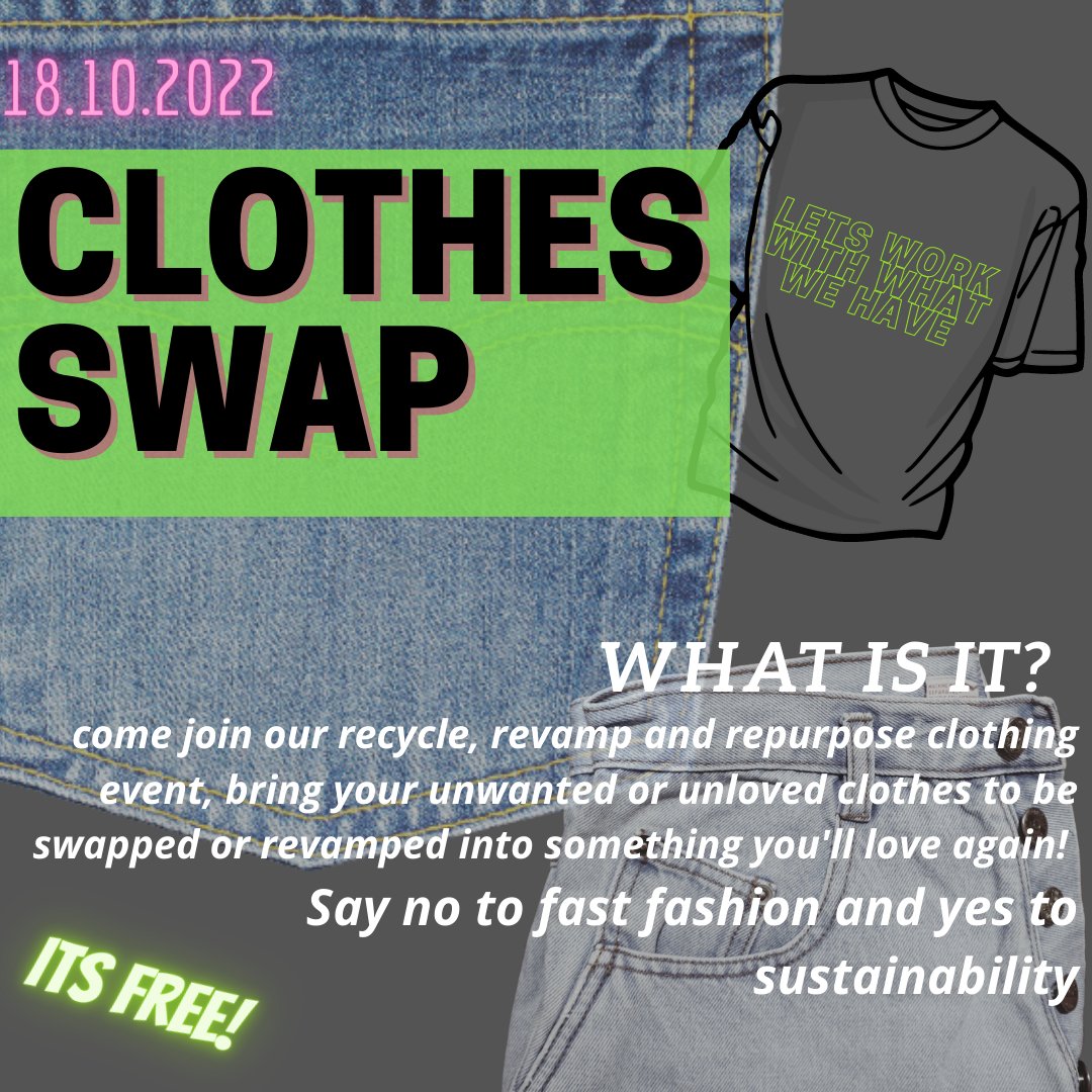 CCCUSCN's tweet photo. RECYCLE, REVAMP AND REPURPOSE YOUR OLD CLOTHES | 10.20 - 12pm, 18 October in Augustine House during the Social and Environmental Justice Conference: bring your old clothes to swap, fix or revamp and say no to fast fashion
#sustainability #hellochristchurch #cccuallofus https://t.co/vQSFtQ7frq
