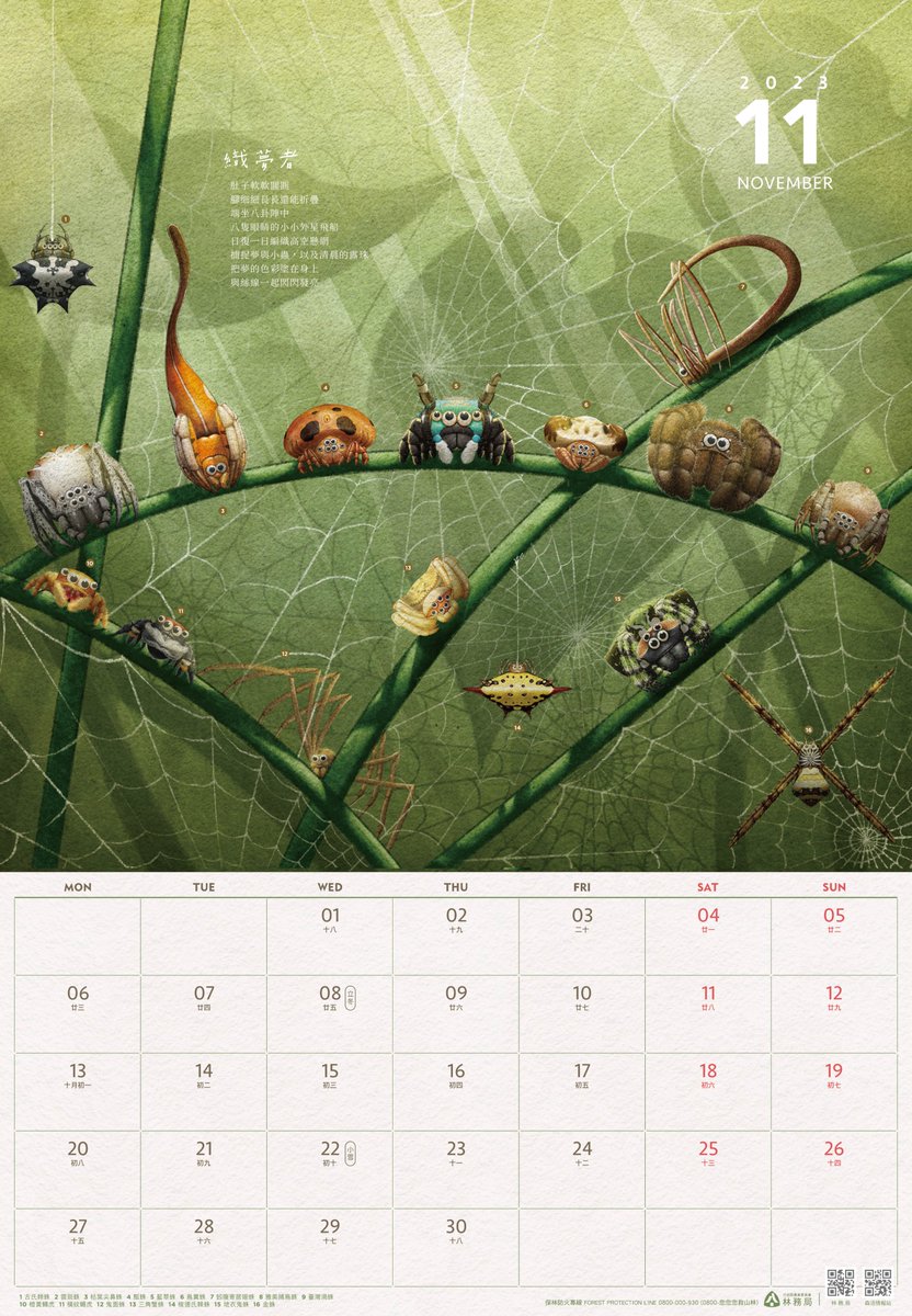 The Taiwan Forestry Bureau #林務局 is releasing the cutest 2023 calendar and this is their November page, whaaaaat 🤩
#Arachtober #SpiderTwitter

forest.gov.tw/forest-news/00…