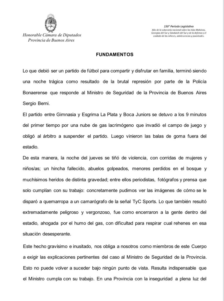 AlexCampbellOK's tweet photo. Acabamos de pedir  la interpelación  de Berni por el descontrol de anoche en La Plata. Es responsable de los heridos, el caos y la lamentable muerte de un hincha de Gimnasia.Que Berni y Kicillof den la cara frente a la sociedad y vengan a explicar a la legislatura lo que hicieron https://t.co/WQU8B7N90W