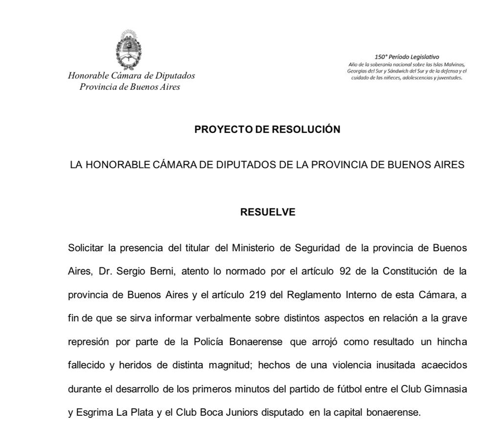 AlexCampbellOK's tweet photo. Acabamos de pedir  la interpelación  de Berni por el descontrol de anoche en La Plata. Es responsable de los heridos, el caos y la lamentable muerte de un hincha de Gimnasia.Que Berni y Kicillof den la cara frente a la sociedad y vengan a explicar a la legislatura lo que hicieron https://t.co/WQU8B7N90W