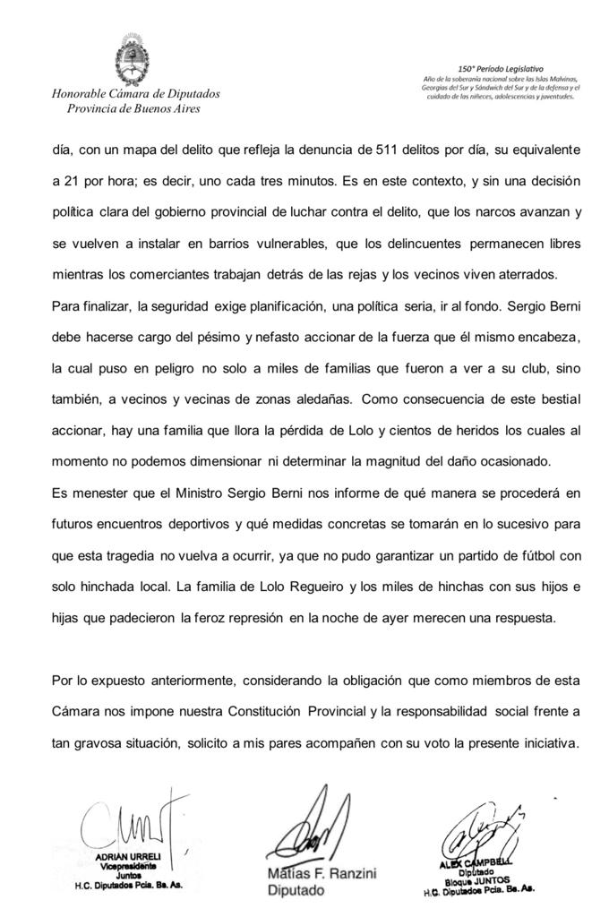 AlexCampbellOK's tweet photo. Acabamos de pedir  la interpelación  de Berni por el descontrol de anoche en La Plata. Es responsable de los heridos, el caos y la lamentable muerte de un hincha de Gimnasia.Que Berni y Kicillof den la cara frente a la sociedad y vengan a explicar a la legislatura lo que hicieron https://t.co/WQU8B7N90W