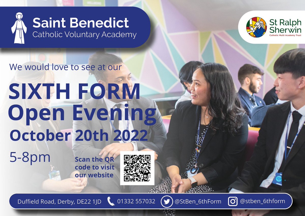 StBenedictDerby's tweet photo. Come along to our Sixth Form Open Evening and find out what we have to offer. Visit our website for more information about our thriving Sixth Form https://t.co/Fowbq4keMn @StBen_6thForm https://t.co/cWZ8wwRFjk