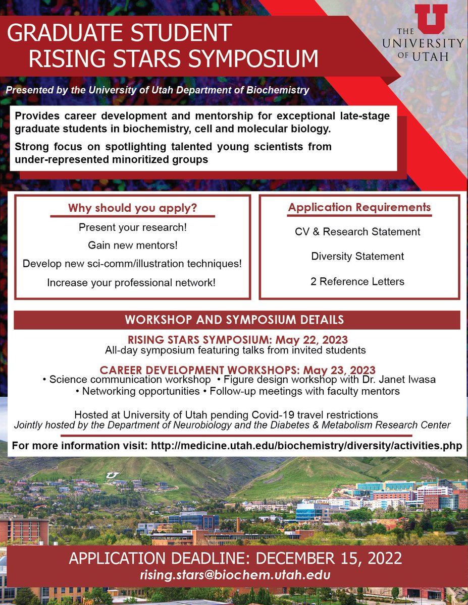 Are you a 3+ yr graduate student interested in sharing your great research, developing your network, and learning new sci-comm skills? Then please see the flyer below for info on how to apply to our 2nd Annual Graduate Student Rising Stars! @UofUBiochem @UofUDMRC