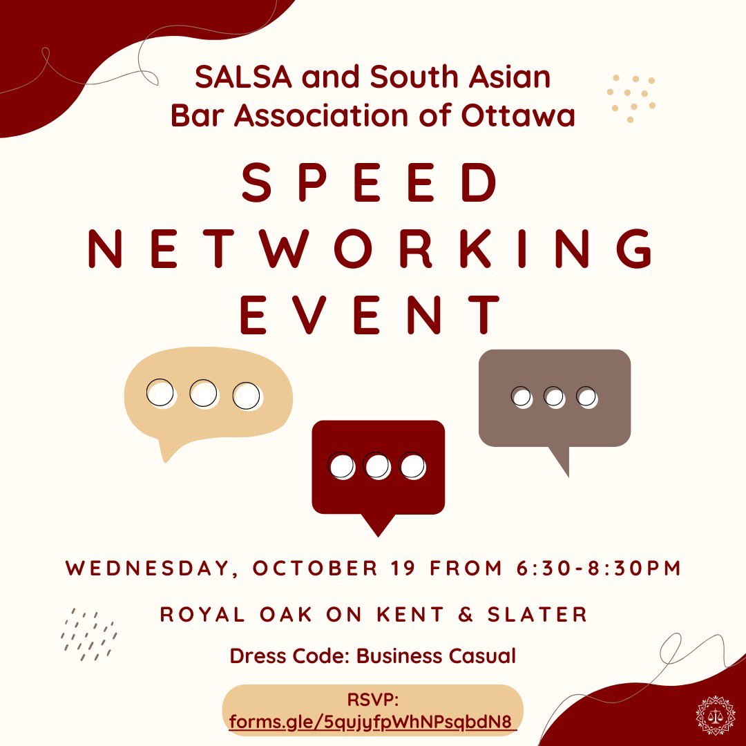 sabaottawa's tweet photo. @uottawasalsa and @sabaottawa are hosting our first official speed networking event. The first we hope of many. If you’d like to learn more and engage in your local South Asian Students' Law Association and South Asian Bar Association email sabaottawachapter@gmail.com #sabaottawa https://t.co/GFewwk7xlX