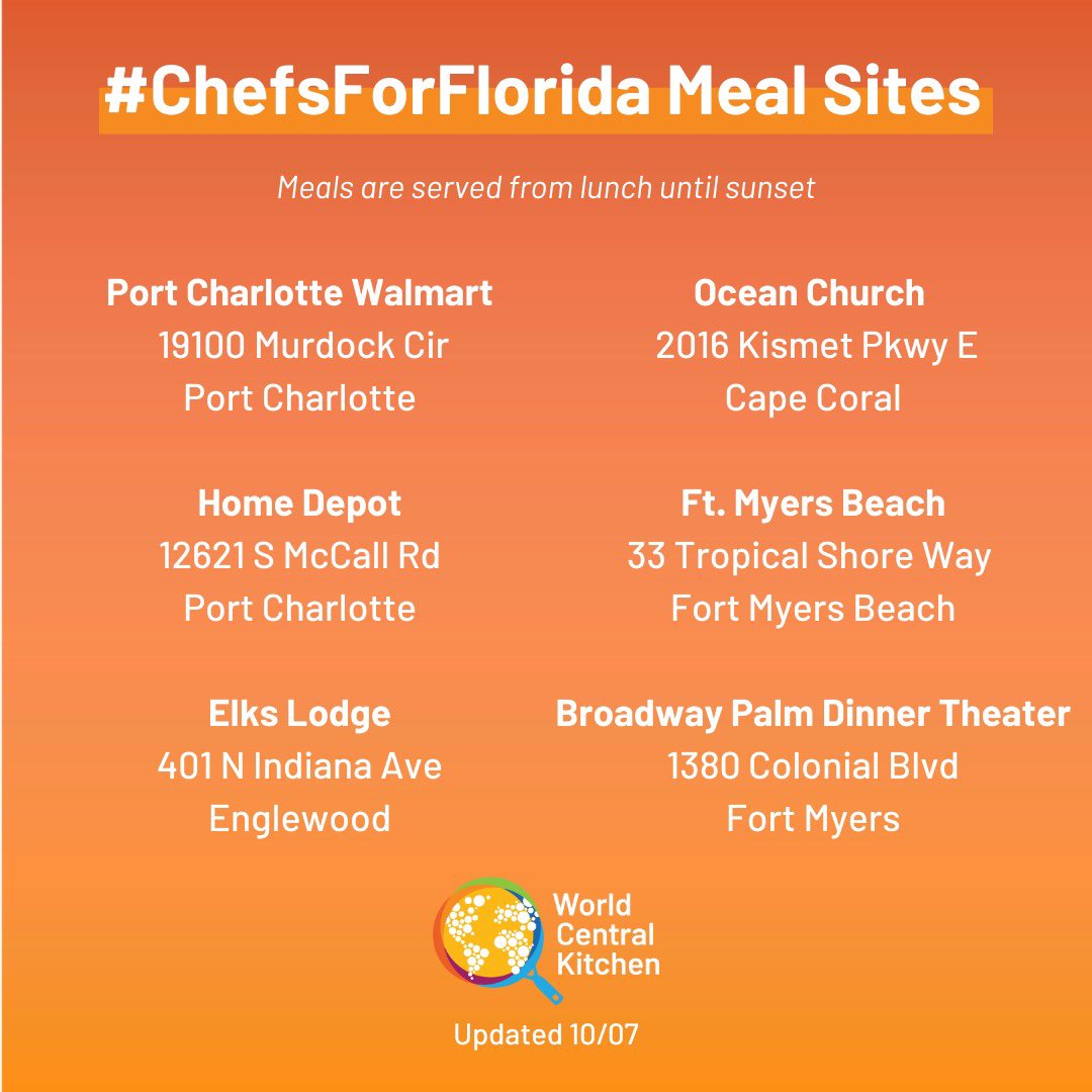 WCKitchen's tweet photo. Please share today’s meal distribution sites with anyone in need of a nourishing meal following #HurricaneIan. WCK &amp; our food truck partners will be at the following sites for lunch! #ChefsForFlorida https://t.co/TvNgZosLp5