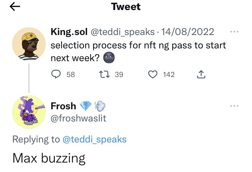 0x_froshiiii's tweet photo. Witnessing the beginning and end of the #Buzzlist, dunno what’s going on
Still buzzing🥹🥹🥹🐝🐝🐝🐝🐝🐝
@teddi_speaks @Joeconceptss @NFT__NG https://t.co/ETruopTjlf