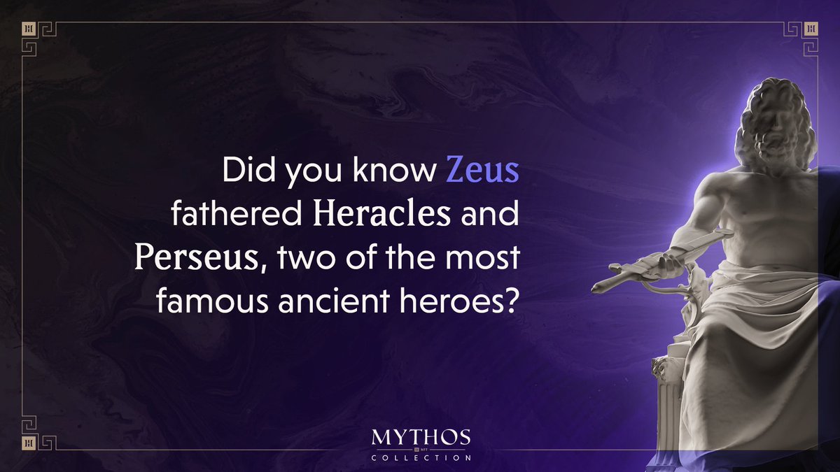 Mythos_HEC's tweet photo. Zeus had a lot of children. Perseus & Heracles, two of the most famous ancient heroes, were also his children.
❓ Which one of the ancient Greek heroes is your favorite? ✍👇️
Mythos, #NFTs #MythosCollection #Fantom $HEC $TOR https://t.co/VGLKbz2CiO