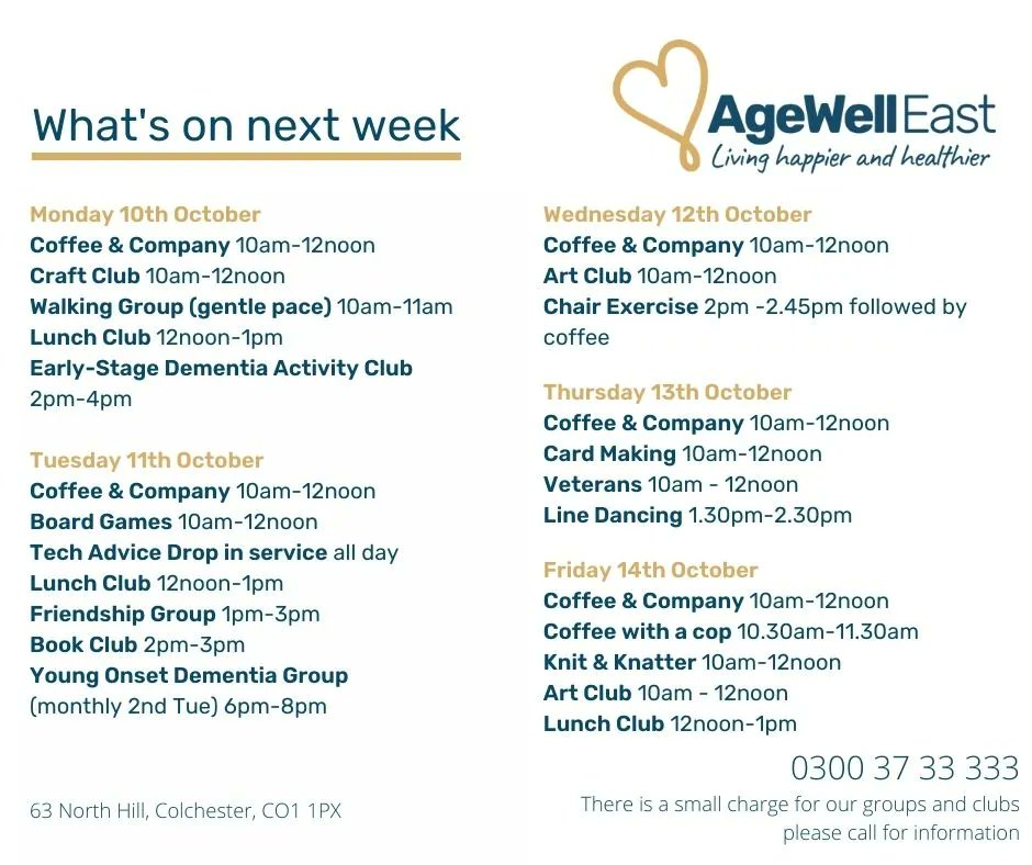 Agewelleast's tweet photo. What's on next week at the Veranda, 63 North Hill, Colchester! https://t.co/bHOBbfQW9L