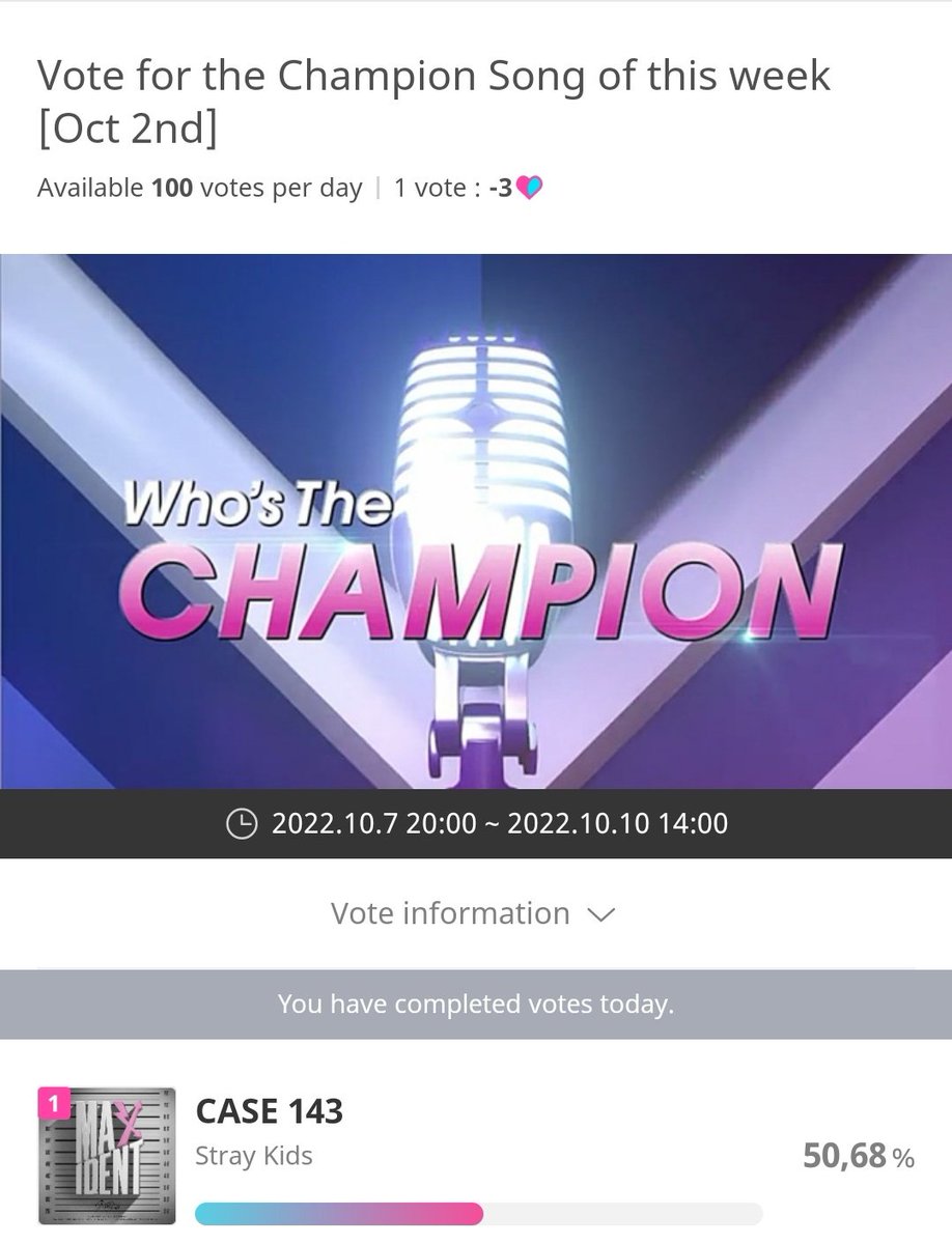 skzchartdata's tweet photo. Show Champion Pre-Voting – Idolchamp [23:00]

#1 @Stray_Kids – 50,68% (🔻)
#2 *** – 42,87%

Tutorial: https://t.co/NlYRPHiP23

⏰: Oct. 10, 2PM KST
🎯: widen the gap! https://t.co/j3BhOGPuIG