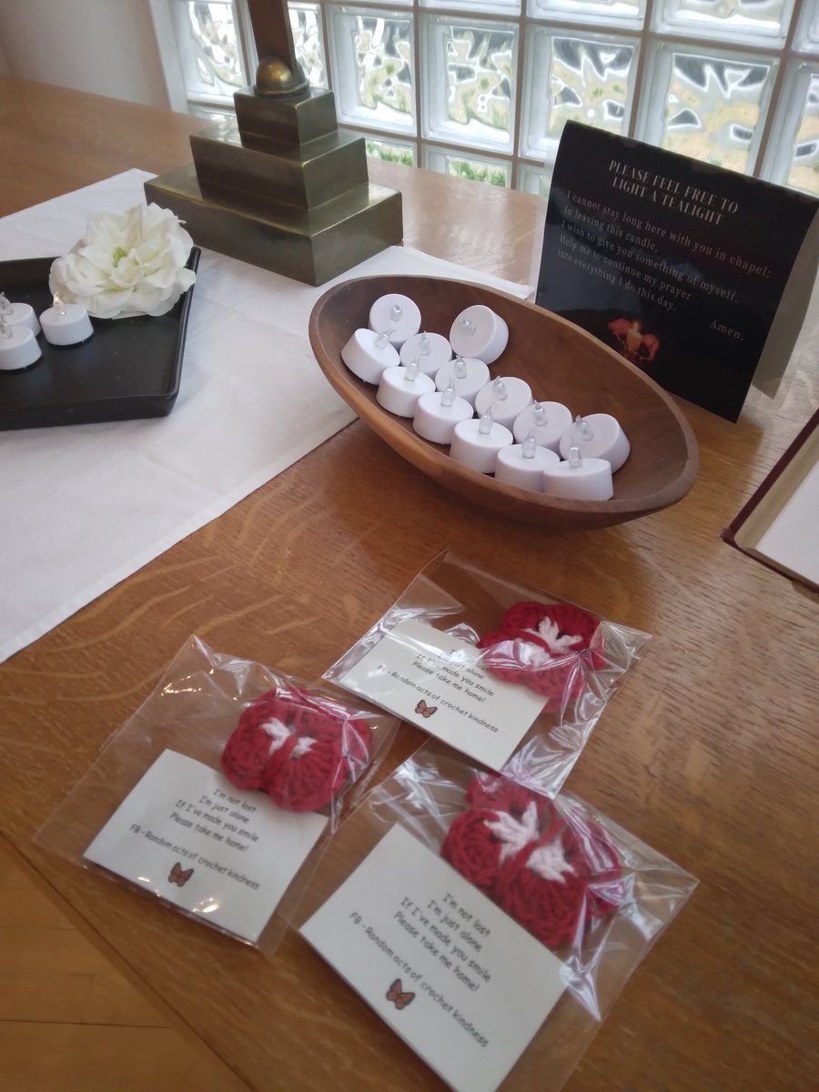 We have had an anonymous delivery of crochet kindness in the hospital chapel - thank you whoever you are! We hope our visitors will be touched by the comfort they will bring.