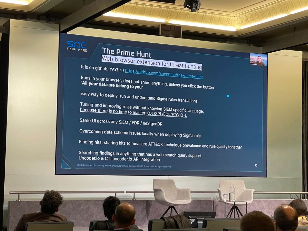 SOC_Prime's tweet photo. Honored to present at the 10th EU MITRE ATT&amp;CK® Community Workshop! SOC Prime is sharing insights into #Sigma and ATT&amp;CK as drivers for collective #cyberdefense. 

Prime Hunt, one UI for platform-agnostic #threathunting is announced: https://t.co/vzsbBcgom1

#euattackworkshop https://t.co/WgqOqHnUop