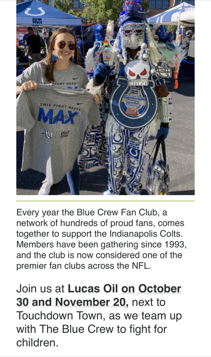 #ColtsNation
<a href="/IndyBlueCrew/">Indy Blue Crew</a> is teaming up with <a href="/kNOTTODAYfdn/">kNot Today Foundation</a> to raise donations to fight sexual abuse, exploitation &amp; trafficking! 
Oct 30th &amp; Nov 20th in #TouchdownTown
Every Donation over $30 gets a limited edition #BlueCrew / #KnotToday T-Shirt!!
<a href="/SuperFanColts/">micheal hopson</a> <a href="/LiaReich/">Lia Reich</a>
