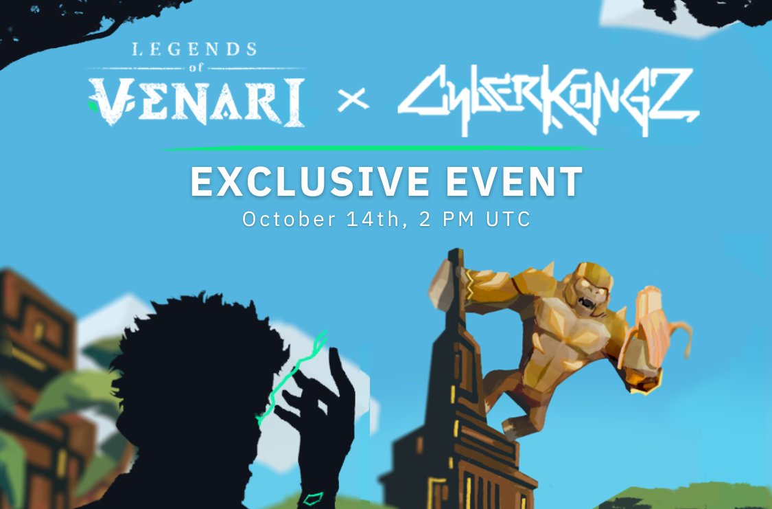 LegendsOfVenari's tweet photo. Seekers,

Kongstronauts 🦍 from @CyberKongz will be coming to Caerras this October 14, at 02:00 PM UTC

Escaped primates — Akulaw will be lured using exclusive baits plus amazing bounties await! 🥳

Giveaway and article 👇 https://t.co/mDeRUCBZKA