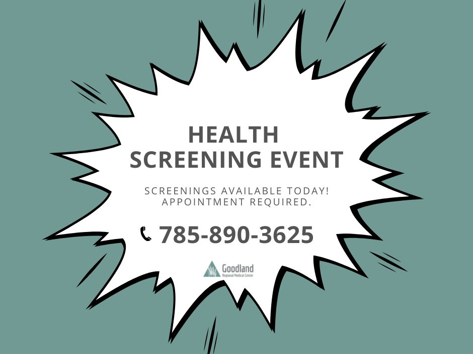 TODAY IS THE FINAL DAY TO RECEIVE SCREENINGS!

Screenings include:
• Behavioral Health, anxiety and depression screenings: FREE
• Carotid screenings for age 55+: FREE
• Cardiac Calcium scoring for women 55+ and men 45+: $50
• Respiratory, spirometry tests: FREE