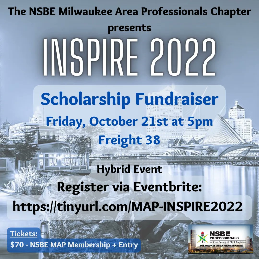 MAP_NSBE's tweet photo. Join us for the 9th Annual INSPIRE Fundraiser! Join the NSBE MAP on 10/21 at Freight 38 at 5pm to help us raise funds for our STEM student scholarships!
Tickets on sale via Eventbrite at https://t.co/CDHoRqjQnY Join us and tell a friend! #NSBEProfessionals #Scholarships #MAPNSBE https://t.co/MFn27bidN4