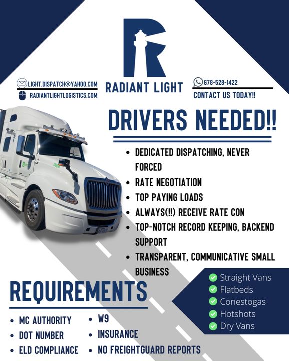 LogisticsLight's tweet image. Radiant Light is looking for OTR drivers! We always provide rate-cons, never force dispatch, and make it our promise to send our truckers on the top paying loads in the country. Call or email us at the contacts in the flyer to get started with a better team.