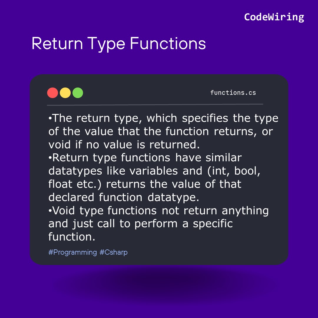 CodeWiring's tweet image. Brief Introduction of Functions in C#.
.
.
.
.
#programming #learnprogrammingtogether #codewiring #csharp