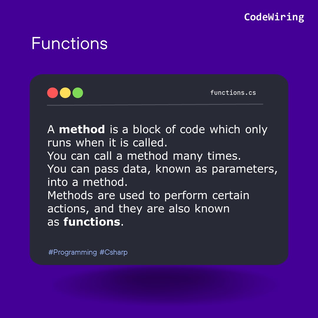 CodeWiring's tweet image. Brief Introduction of Functions in C#.
.
.
.
.
#programming #learnprogrammingtogether #codewiring #csharp