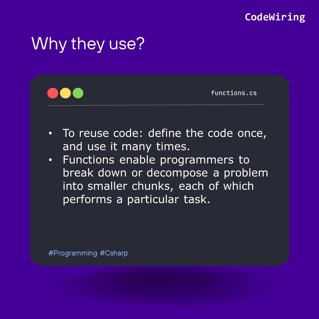 CodeWiring's tweet image. Brief Introduction of Functions in C#.
.
.
.
.
#programming #learnprogrammingtogether #codewiring #csharp