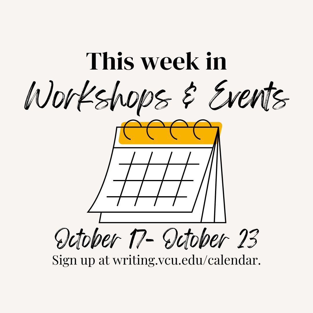 VCUWritingCtr's tweet photo. This week's Writing Center workshops:

-Structuring Your Writing for Your Audience on Oct 17 at 3 pm
-APA &amp; Avoiding Plagiarism on Oct 19 at 7 pm
-Personal Statement on Oct 21 at 4 pm

#vcu #virginiacommonwealthuniversity
#vcuwritingcenter #vcuwritestuff #vcurams #vcu2026 https://t.co/Kq0Iqr16gJ