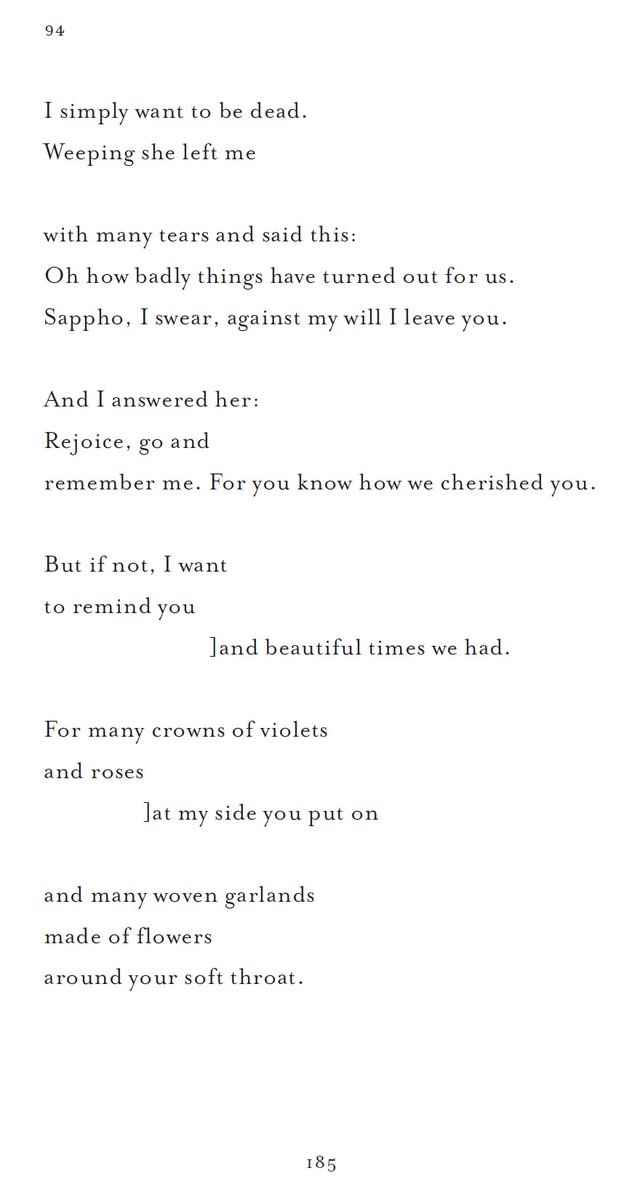 TobinPoetry's tweet photo. In honor of my final comprehensive exam on Queer Literature for my PhD, I share my favorite fragment of a poem by Sappho (600 BCE) - the original Lesbian from Greece [Trans. by Anne Carson]. [Enlarge for full fragment] https://t.co/IjYErcwmQH