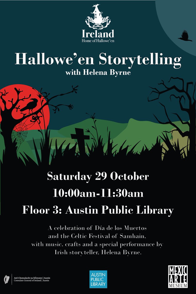 AUSTIN TX Saturday 29th October ~ I'll be performing (IN PERSON, not virtually!) as part of the @IrelandCGAustin Hallowe'en celebrations, in conjunction with @AustinPublicLib and the @Mexic_Arte Museum. I cannot wait!