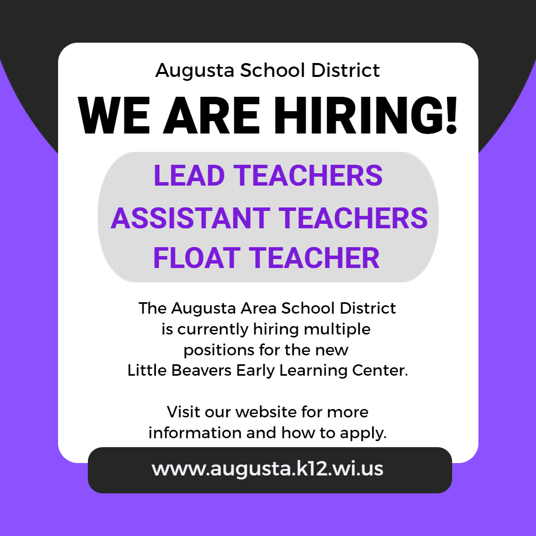 The Augusta School District is now hiring multiple positions for the new Little Beavers Early Learning Center!  Application deadline is October 17. Job descriptions and application materials can be found on our website: augusta.k12.wi.us/district/emplo…

#beaverproud
#littlebeavers